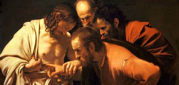 Jesus og disciplen Thomas. Maleri af Caravaggio, 1601-02. Kilde: Wikimedia Commons.